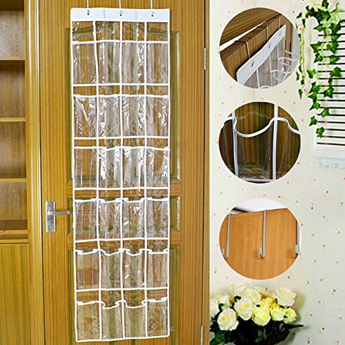 Hanging Over the Door Shoe Organiser,24 Pocket with 3 Heavy Duty Hanging Hook Foldable On Wall Shoe Rack Organiser Wardrobe/Toys Storage Bag ( Crystal Clear)