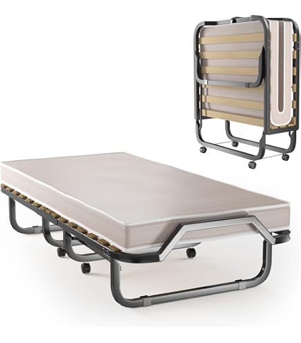 Bedbed, logeerbed, opklapbed, ijzer, roestvrij met wielen en matras, gastenbed, campingaccessoires, camera, camera, noodgevallen, met 15 latten, getest en gecertificeerd volgens Europese normen