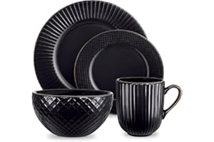 Tower T867002BLK Empire 16 Piece Dinnerware Set, Stoneware, Black and Brass