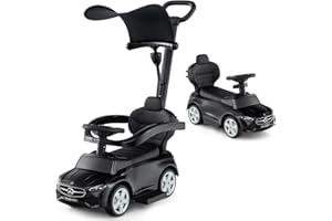 GYMAX 3 in 1 Kids Ride on Push Car, Mercedes-Benz Licensed Push Along Car with Handle, Guardrails, Adjustable Canopy, Horn & Sound, Underneath Storage, Toddler Sliding Toy for 18-36 Months Old (Black)