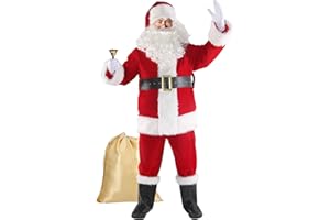 Boveco Costume de Père Noël pour Hommes Adulte 11 Pcs Deluxe Velours Costume Tenue Noël Père Deguisement Noël Vacances Party Cosplay