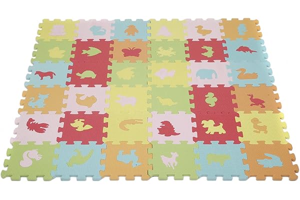 Puzzle Mousse, Tapis de Jeu Résistant pour Enfants, Jeu de Puzzles pour Bébés, Non Toxique, Alphabets & Chiffres, EVA Multicolore (36 pièces Animaux)