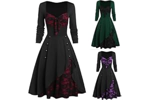 ARESTORY Costume Women Medieval Dress Ladies Black Halloween Fancy Dress Costume Plus Size Skull Lace Insert Button Bowknot Dress Gothic Swing Dress Vintage Victorian Faire Costumes Carnival Party Cocktail