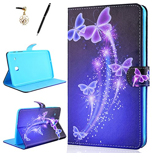 HB-Int 3 in 1 Standfunktion Hülle für Samsung Galaxy Tab E T375 / T377 8.0" Flip PU Leder Schutzhülle Lila Schmetterling Wallet Case Brieftasche Kartenfächer Ledertasche Magnetverschluss Schale Beschützer Haut Lederhülle Book Style Holder Etui Protective Cover Dünn Slim Cover Schwarz Bumper Zubehör mit Stylus Pen + Staub Steckere