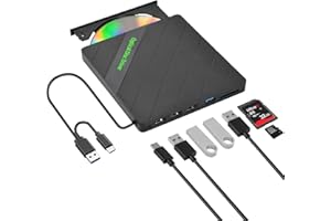 Focenat Plug&Play Quemador CD DVD portátil USB, Grabadora externo con Lector de Tarjetas SD/TF, Unidad Delgada para PC, Escritorio