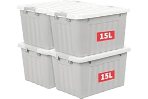 Cetomo 15L*4 Cajas de Almacenamiento con Tapas, Contenedores de Plástico con Broches de Enganche, Clip On, Apilables, Encajables, Organizador Rayado para Ropa Juguetes Armario, Gris, 15L-4 Pack