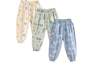 FAIRYRAIN 3 Pack of Kinder Mädchen Jungen Sommer Baumwoll Drucken Leinenhose Pumphose Elastische Lässige Anti-Moskito Jogginghose Lässige Pants Hose