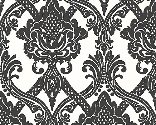 Livingwalls 554949 Vliestapete Flock, Mustertapete, neo-barock, schwarz, weiß