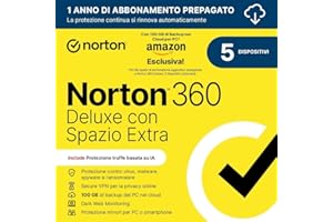 Norton 360 Deluxe | Extra Spazio Archiviazione|Esclusiva Amazon *50 GB extra Cloud Backup| Antivirus 5 dispositivi| 1 anno rinnovo automatico