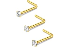 FECTAS Nose Stud L Shape Nose Ring Stud Nose Bar 18G 20G 1.5mm 2mm 2.5mm 3mm L Shaped Nose Piercing Jewellery Stainless Steel Clear Pink Blue Round Star Heart Diamond Silver Gold Black