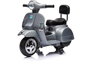 MR J TOYS&MORE Vespa Elettrica per Bambini - Sicura e Divertente, Motocicletta Giocattolo con Acceleratore a Pedale, Luci e Suoni, Batteria Ricaricabile 6V e Caricabatteria Incluso, Funzione Avanti/Indietro (Silver)