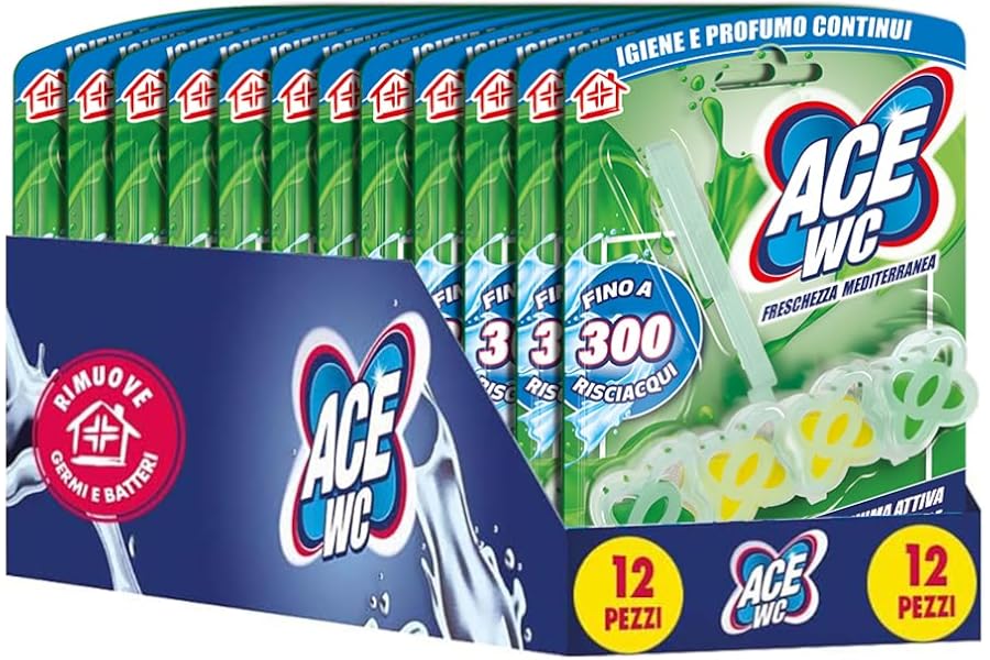 ACE Toilet Seat Mediterranean Freshness Anti-Limescale – Toilet Cleaner with Active Foam, Citrus Fragrance, Hygiene and Continuous Cleaning of the Toilet for up to 300 Rinses, Pack of 12