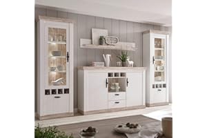 ‎LOMADOX Lomadox Landhaus Wohnwand Pinie weiß mit Vitrine, Sideboard & Wandregal inkl. LED-Beleuchtung