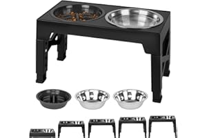 AUYAO Ciotole per Cani Rialzate, Ciotola Rialzata con 2 Ciotole per Cani Piccoli, Medi e Grandi, 5 Altezze Regolabile, Supporto per Ciotola per Cibo Cani, Pieghevole e Antiscivolo, Plastica