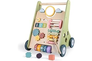 LOL-FUN Baby Lauflernwagen Holz, 10 in 1 Activity Center Baby Lauflernhilfe, Multi Aktivitäten Lauflernwagen Lernspielzeug für Jungen Mädchen ab 12 Monate Geschenk