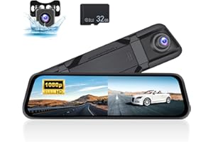 Hikity 9.66 Inch IPS Touchscreen Mirror Dash Cam, Car Front and Rear View Camera, G-Sensor, Loop Recording, 24 Hours Parking Mode, Waterproof Backup Camera
