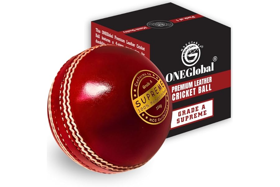 ONEGlobal Supreme Genuine Leather Cricket Ball | 4-Piece Handstitched Cricket Balls | Match Quality Hard Cricket Balls (Seniors 5.5oz, Juniors 4.75oz, Womens 5oz)