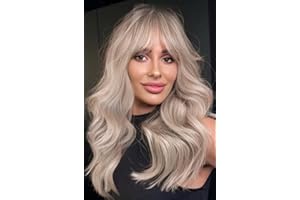 LEMEIZ Peluca rubia ceniza degradada a rubio claro con flequillo, ondulada, para mujer, sin pegamento, 56 cm, LEMEIZ-167