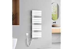 EMKE Scaldasalviette Elettrico con Elemento riscaldante termostatato,1041x400mm 400W，Pannello Asciugamano Elettrico con Asta di Riscaldamento con Timer, Bianco