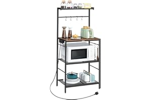 MAHANCRIS Bakers Rack with Charging Station, Kitchen Microwave Stand with 6 S-Shaped Hooks, 4-Tier Storage Rack, Practical Coffee Bar, for Kitchen, Dining Room, Living Room, Rustic Brown ABRHR35KE01