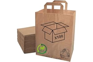 SANYGIENE Sac Kraft Papier Recyclé | Fond Plat - Poignées Plates | Lot de 100 Sacs Cabas Haute Résistance | Apte Contact Alimentaire | Commerces - Alimentaire -Vente à Emporter - Cadeaux (32 + 22 X 28)