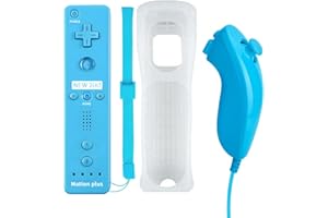 QUMOX 2 en 1 Manette pour Wii, Manette Nunchuck, Contrôleur Télécommande, Console Remplacement, Built in Motion Plus, avec Etui de Protection en Silicone pour Wii et Wii U Bleu