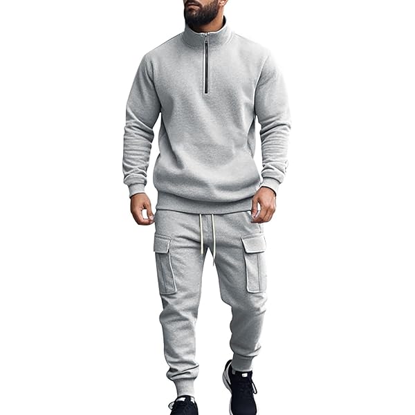 Generisch Joggingpak voor heren, trainingspak, vrijetijdspak, capuchontrui joggingbroek, 2-delig, luchtig katoen, warm, Y2K, zakken, capuchon, gym, sportpak, fitness, beige, S