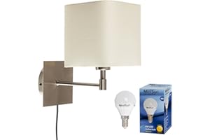 MiniSun Modern Cream Polycotton Square Design Brushed Chrome Wall Light with Practical Plug, Cable and Switch - Complete with a 4w LED Bulb [3000K Warm White]