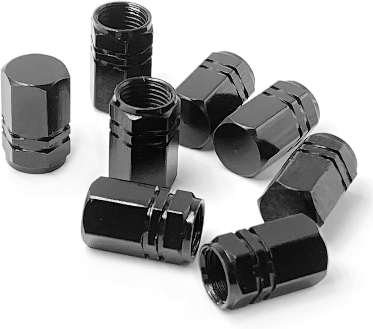 CrestHaven 8 Pcs Aluminum Valve Caps, Car Dust Caps, Tyre Valve Caps, Universal Tyre Valve Caps, Car Caps with Gasket for Motorbike, Trucks, Bike, Electric Scooter, SUV, Baby Buggies (black)