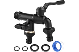 BAIFULAI Grifo universal para jardín de latón 1/2 pulgada, 2 juntas de goma y tóricas, cinta adhesiva impermeable, 2 adaptadores de manguera, color negro