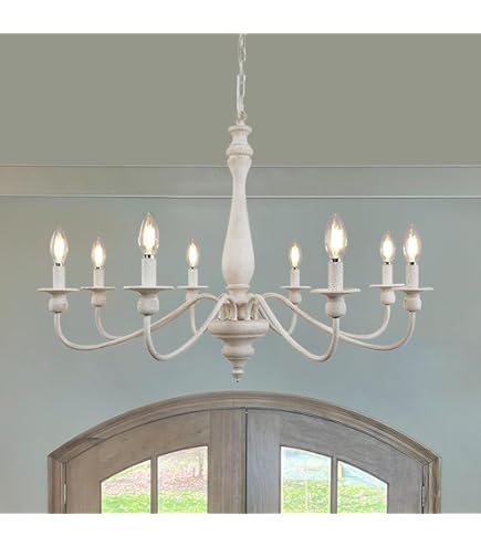 Lampadario Vintage Bianco A 6 Luci, Metallo, Catena Regolabile 50-200 Cm, Attacco E14, Per Soggiorno E Camera