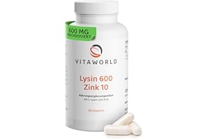 ‎VITA WORLD Lysin + Zink - L Lysin Kapseln hochdosiert 620 mg pro Tag (120 vegane Kapseln) - 4-Monatsvorrat - 496mg reines Lysin + Zink 10mg für Ihr Immunsystem - ohne Zusätze, gluten- & laktosefrei - vitaworld
