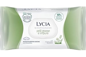 Lycia, Salviette Struccanti per Pelle Grassa e Impura, Eco Tessuto Doppia Azione Biodegradabile, Tecnologia Anti-Pollution per Rimuovere Tracce di Smog e di Inquinamento dalla Pelle, 60 pezzi