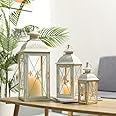 TRIROCKS Set of 3 Decorative Lantern 49/34/24cm High Metal Hanging Candle Holder with Tempered Glass Perfect for Living Room Garden Yard Patio Parties Events Indoors Outdoors (White)
