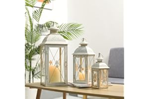 TRIROCKS Set de 3 Portavelas Vintage de Metal de 49/34/24cm de Alto Farol Colgante Decorativo con Cristal Sala de Estar Jardín Fiestas Interior Exterior (Blanco con Cepillo Dorado)