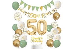 LOVECENTRAL 50 Jahre Geburtstag Dekoration für Männer und Frauen – Salbeigrün, Weiß und Gold Luftballons mit ‚Happy Birthday‘-Banner, Zahl 50 Ballon und Tortenaufleger für 50 Jahre Geburtstagsfeier-Deko (50)