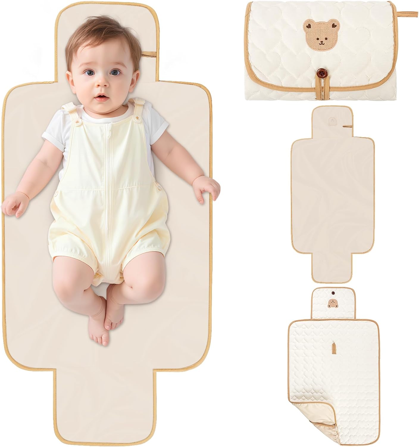 Fefod Cambiador Bebé Pañales Portátil, 57 X 87 CM Reutilizable Alfombrilla de Cambio para Bebés con Bolsillos, Fácil de Limpiar Cambiador Bebé Viaje Plegable para Niños y Niñas(Patrón de Oso)