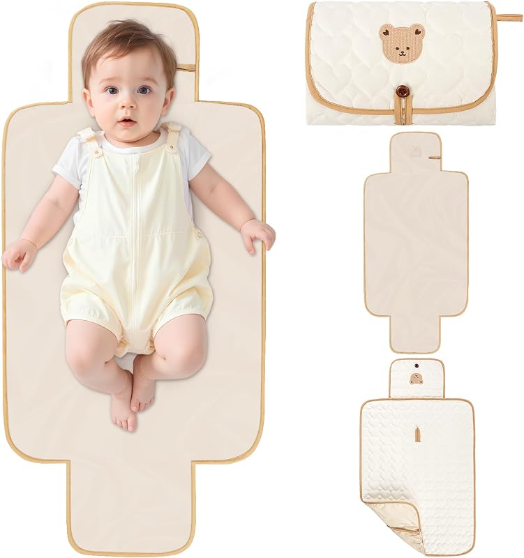 Fefod Cambiador Bebé Pañales Portátil, 57 X 87 CM Reutilizable Alfombrilla de Cambio para Bebés con Bolsillos, Fácil de Limpiar Cambiador Bebé Viaje Plegable para Niños y Niñas(Patrón de Oso)