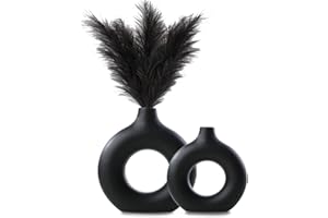 Kingbar Vase Für Pampasgras, Keramik Vase Schwarz Matt, Deko Moderne Trockenblumen Blumenvase, Donut Vase Hohles Design,für Tischdeko Home Office Dekoration, L+M