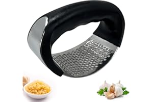 PLASTIFIC Garlic Press Mincer Ginger Crusher Peeler Squeezer Stainless Steel Garlic Presser Chopper Professional Food Prep Grade Dishwasher Safe Easy to Clean (Black & Silver Arc Shaped Presser)