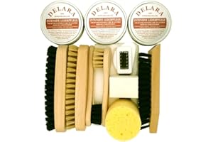 DELARA 12-teiliges Schuhputz-Set mit drei Dosen Intensiver Lederpflege, Holzbürsten mit Naturborsten, Poliertuch und Schwamm