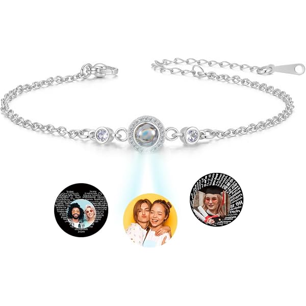 Bracelet Photo Personnalisé Avec Projection – Cœur, Pierre Transparente, Bijou Femme – Cadeau Fête Des Mères, Noël, Anniversaire