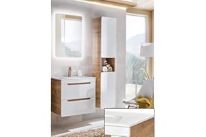 Lomadox Badmöbel Set, Hochglanz weiß mit Wotan Eiche Nb., 61 cm Waschtisch-Unterschrank mit Keramik-Waschbecken, 50 cm LED-Spiegel & Hochschrank