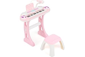 COSTWAY Piano Numérique à 37 Touches Enfants avec Tabouret & Microphone Réglable, Clavier Electronique avec Pupitre & Lumière, Enregistrement et Lecture, Charge 100kg pour Enfants de 18 Mois+