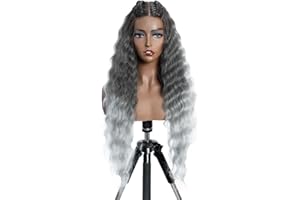 ‎FASHION IDOL FASHION IDOL Lace Front Curly Wigs 31" Long Synthetic Natural Water Wavy Wig for Black Women Ombre Gray with E Type HD Lace Wig
