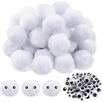 Miupoo Pompon con occhi per artigianato, decorazioni per costumi di Halloween, pompon artigianali con occhi finti, soffici pompon con anello elastico, 20 pezzi, 5 cm, bianco