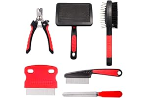 Tonyg-p 6 Pack Dog & Cat Grooming Set - Soft Slicker Brush, Double Sided, Pin & Flea Comb, Nail Clippers & File