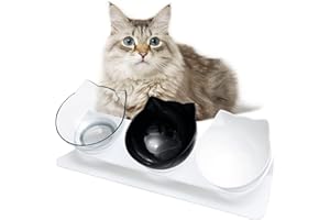 HTRTRR Set 3 Ciotole Rialzate per Gatti in PC - Antiscivolo, Design Ergonomico a Forma di Gatto, Facile da Pulire, per Cibo Secco, Umido e Acqua, Ideale per Gattini e Gatti Adulti