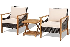 COSTWAY 3 Pieces Rattan Bistro Set, Acacia Wood Garden Table and Chairs Patio Sofa Set with Coffee Table and Cushions, Outdoor Furniture Wicker Conservatory Set for Balcony, Backyard and Poolside