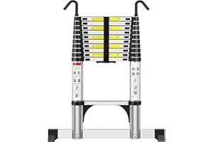 Exleiter Telescoping Ladder 3.2M, Extension Ladder with Hooks and Stabiliser Aluminium Folding Loft Ladder, Adjustable Step, Home Storage, Attic, Maintenance Garden etc, Max Load 150kg/330lb